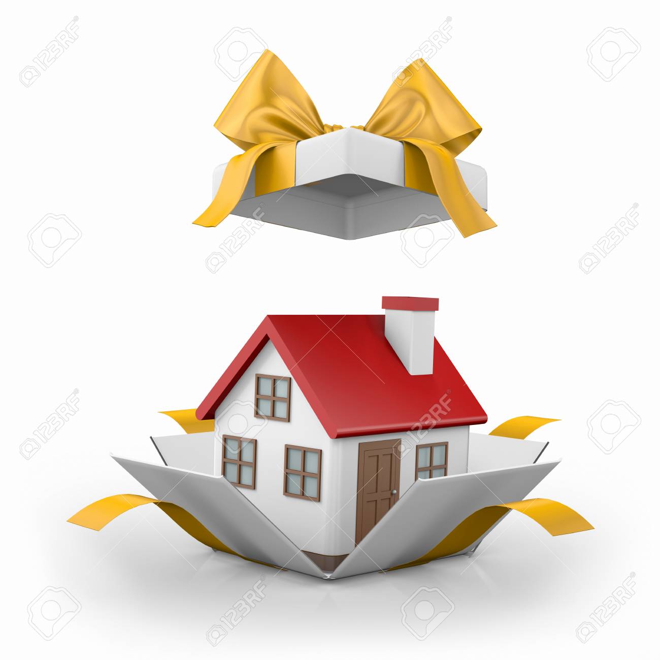 Model Of A House In Gift Box With Ribbon Stock Photo, Picture And Royalty  Free Image. Image 54771100.