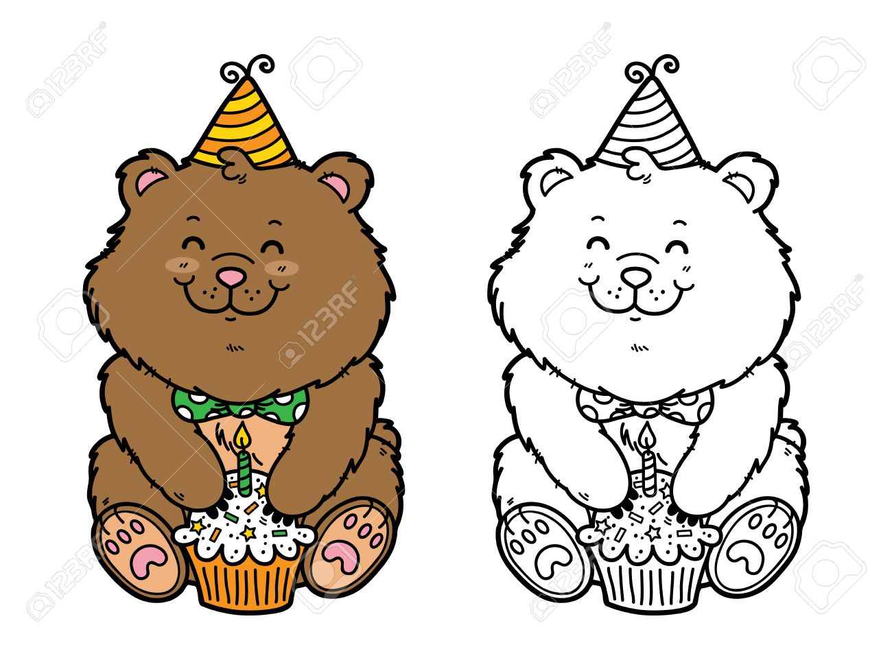 幸せなクマ ベクトル イラストぬりえ誕生日カップケーキと幸せな漫画くまの子供とスクラップ ブックのイラスト素材 ベクタ Image