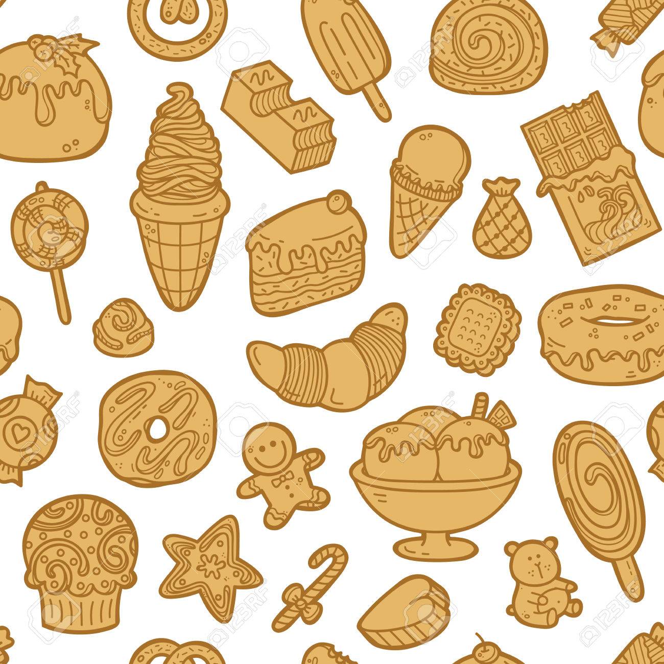 落書きお菓子パターン お菓子の壁紙 Web ページの背景 表面のテクスチャ 繊維 スクラップ ブック デザイン生地 メニューとシームレスなパターン ベクトル落書き のイラスト素材 ベクタ Image
