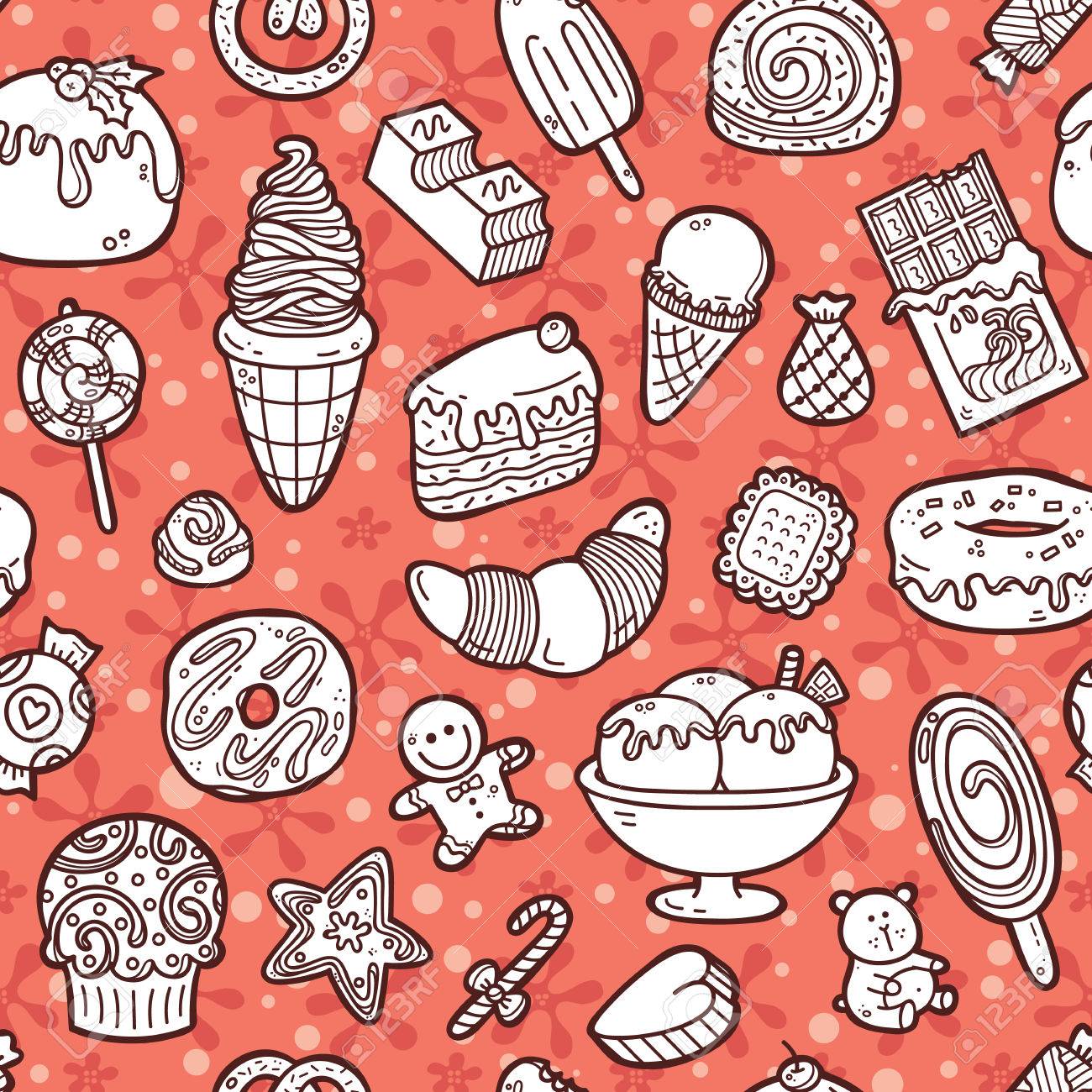 落書きお菓子パターン お菓子の壁紙 Web ページの背景 表面のテクスチャ 繊維 スクラップ ブック デザイン生地 メニューとシームレスなパターン ベクトル落書きのイラスト素材 ベクタ Image