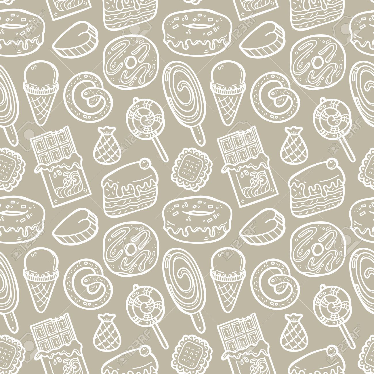 落書きお菓子パターン お菓子の壁紙 Web ページの背景 表面のテクスチャ 繊維 スクラップ ブック デザイン生地 メニューとシームレスなパターン ベクトル落書きのイラスト素材 ベクタ Image