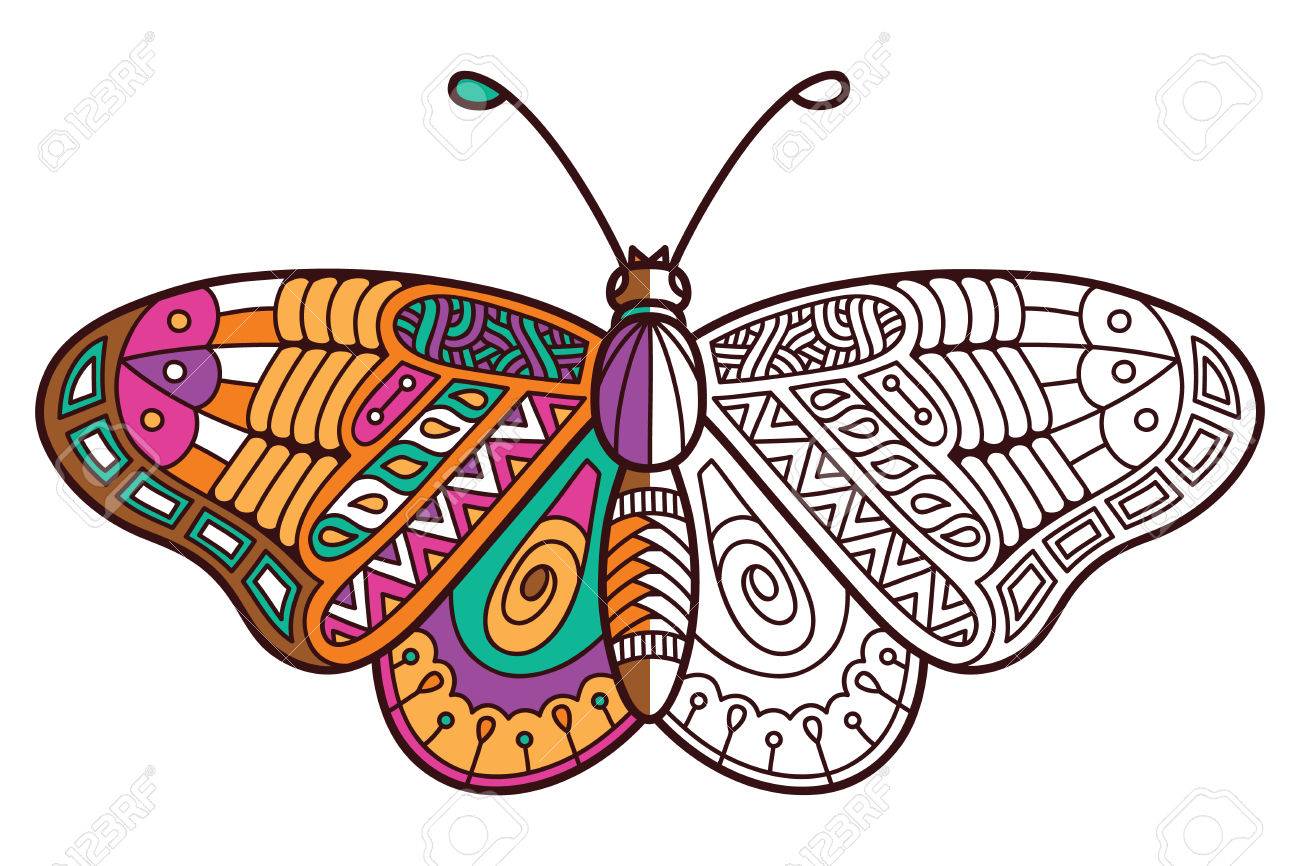 かわいい蝶の半分着色 子供はまたは抗ストレス塗り絵大人かわいい華やかな Zentangle 蝶のベクトル イラストのイラスト素材 ベクタ Image