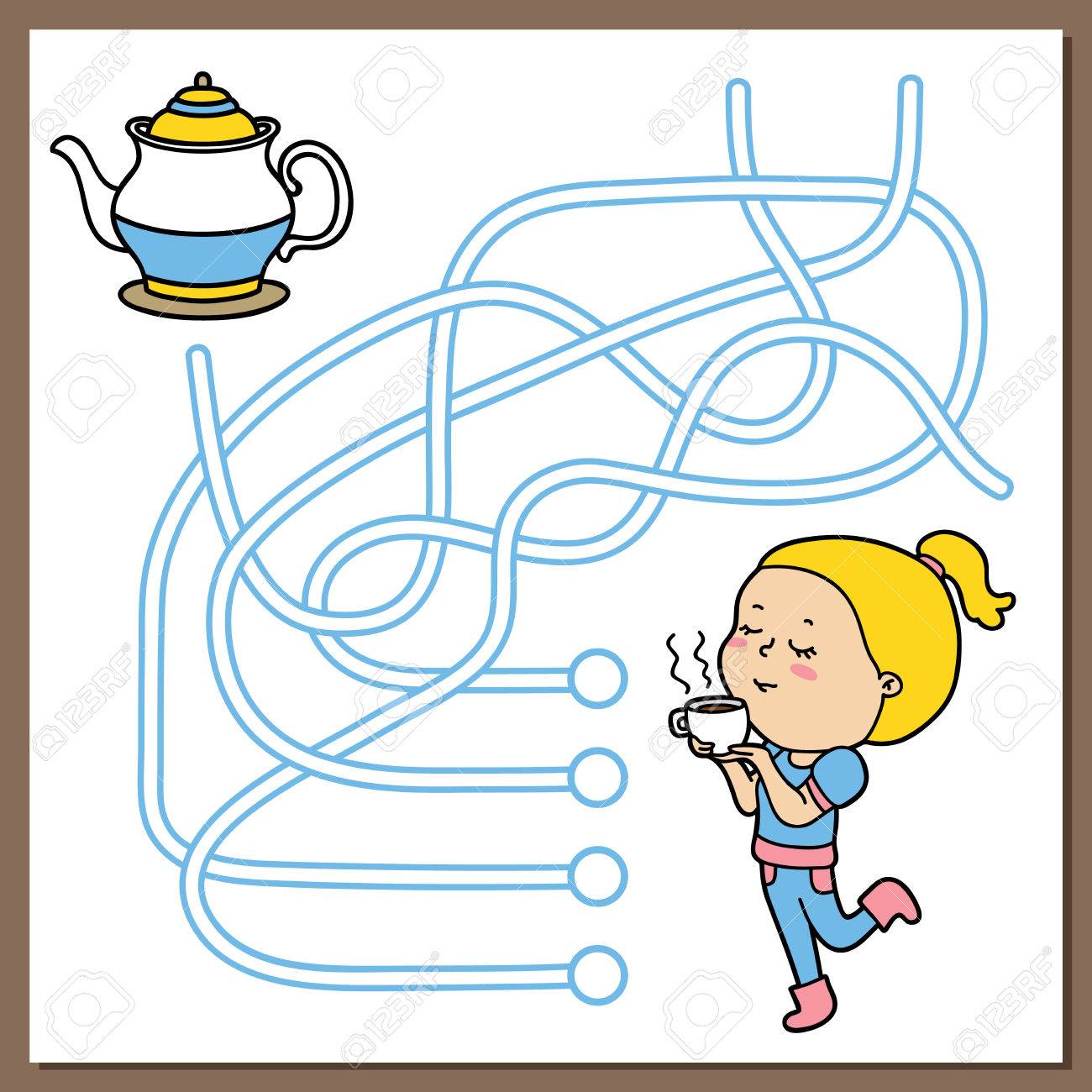 キュートな少女漫画とコーヒーまたは紅茶のカップ子供のための迷路 ラビリンス 教育的なゲームのベクトル イラストのイラスト素材 ベクタ Image