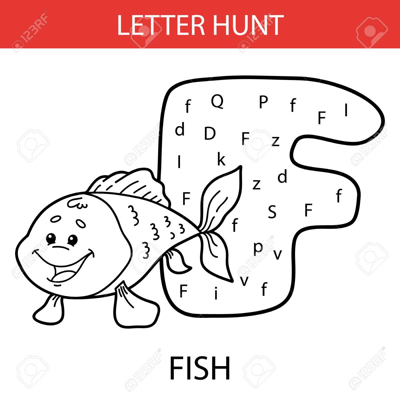 vector illustration of printable kids alphabet worksheets educational game letter hunt for preschool children practice with cartoon character fish royalty free cliparts vectors and stock illustration image 92619750