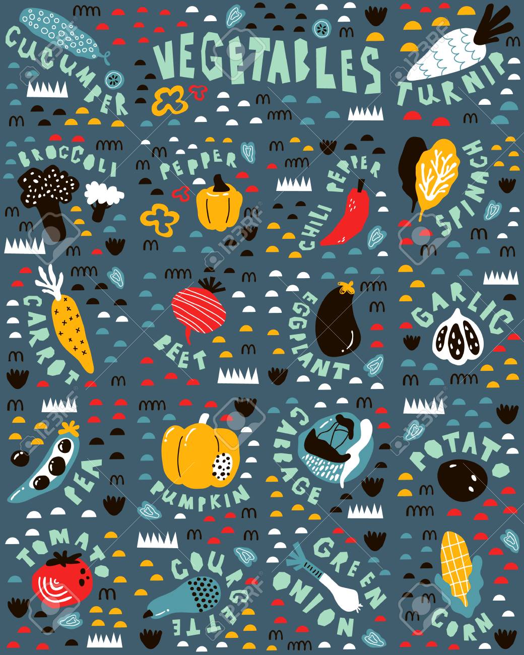 Vector Educational Kids Poster With Scandinavian Stylized Vegetables