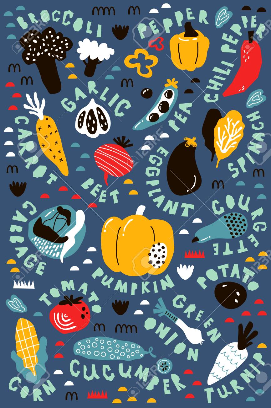 Vector Educational Kids Poster With Scandinavian Stylized Vegetables
