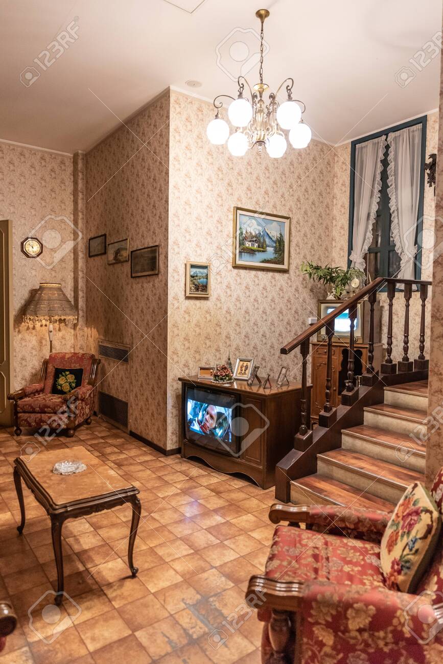 Interior Of A Fifties House, Wooden Details And Wallpaper On The Walls,  Vertical Image Stock Photo, Picture and Royalty Free Image. Image 135202539.