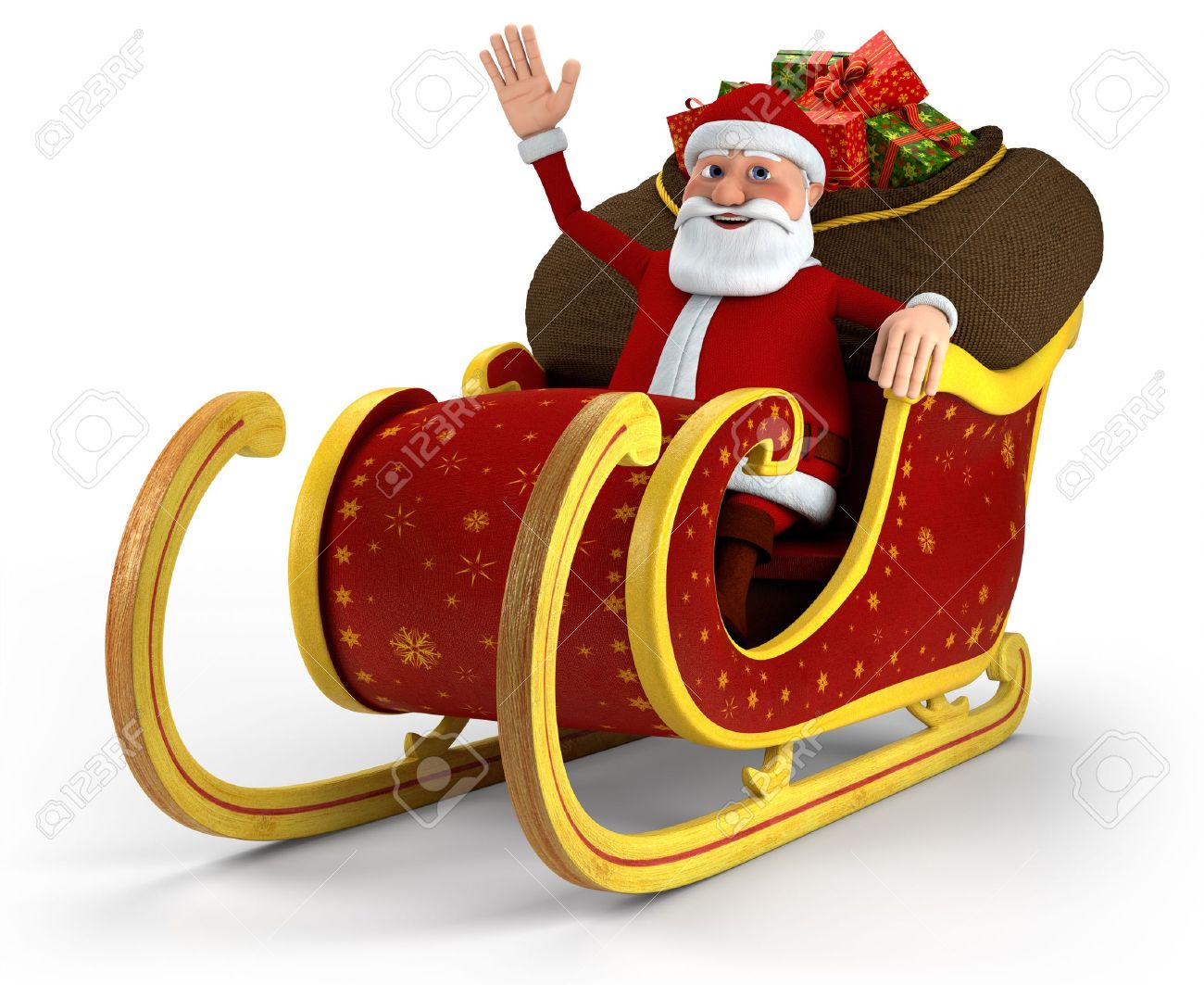dibujos animados santa claus sentado en su trineo y agitando sobre trineos de santa