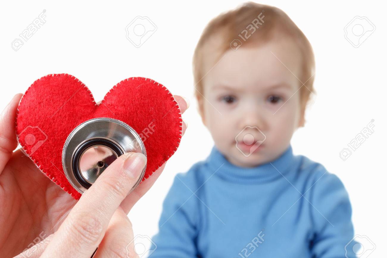 Concept of health and care. Baby and cardiologist, heart symbol in hand and stethoscope. - 51521959 Concept of health and care. Baby and cardiologist, heart symbol in hand and stethoscope. - 51521959
