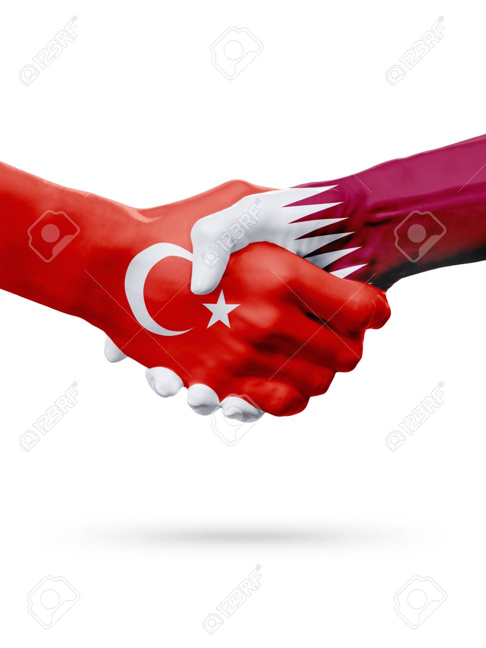 Flags Republic of Turkey, Qatar countries, handshake cooperation, partnership, friendship or sports team competition concept, isolated on white - 76073994 Flags Republic of Turkey, Qatar countries, handshake cooperation, partnership, friendship or sports team competition concept, isolated on white - 76073994