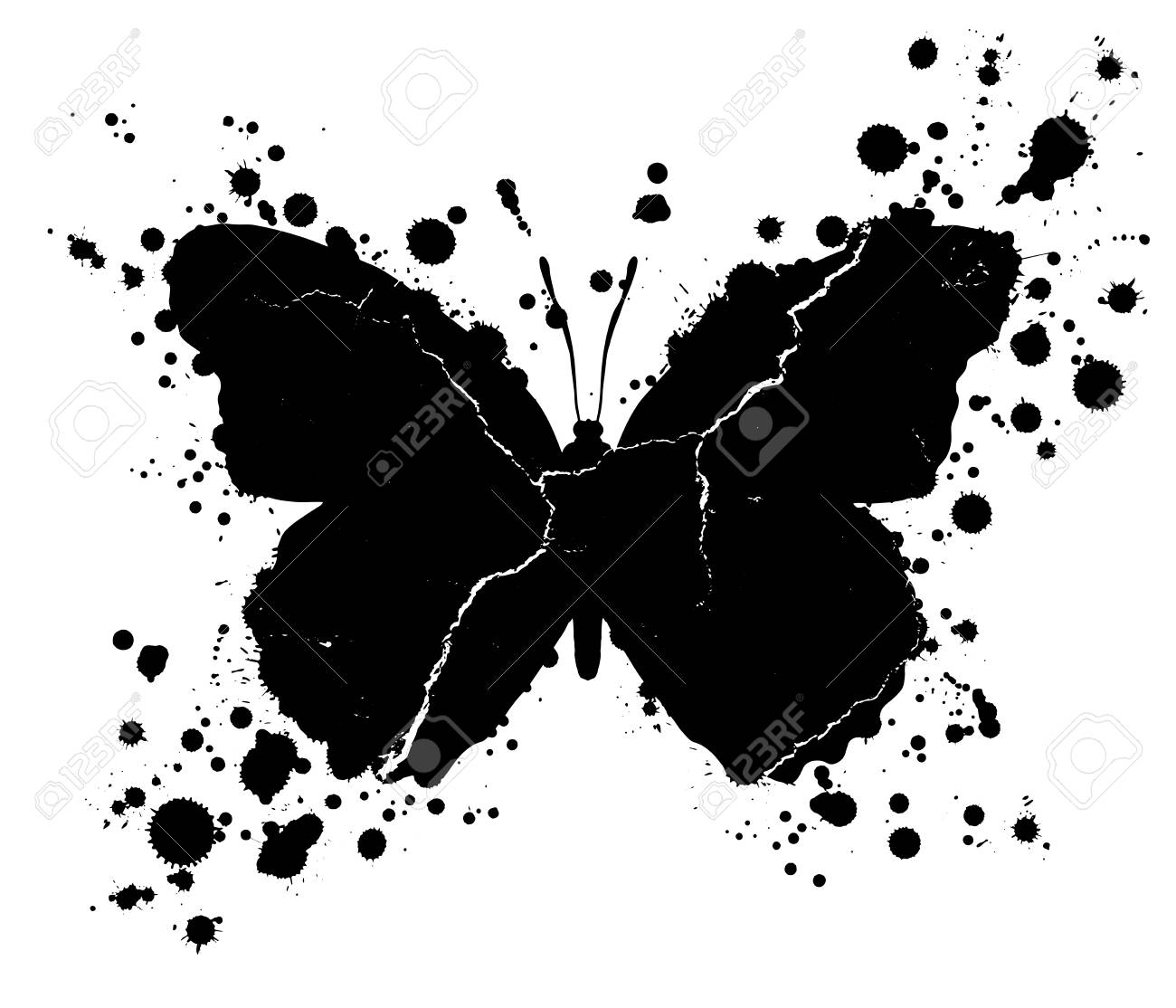Black Grunge Butterfly Shape With Drops Of Paint Blobs Splattered