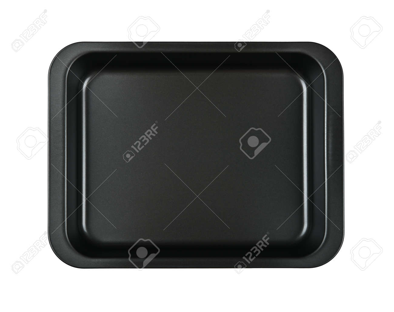 Close up one rectangular black nonstick tin baking mold case isolated on white background, elevated top view, directly above - 154074352 Close up one rectangular black nonstick tin baking mold case isolated on white background, elevated top view, directly above - 154074352