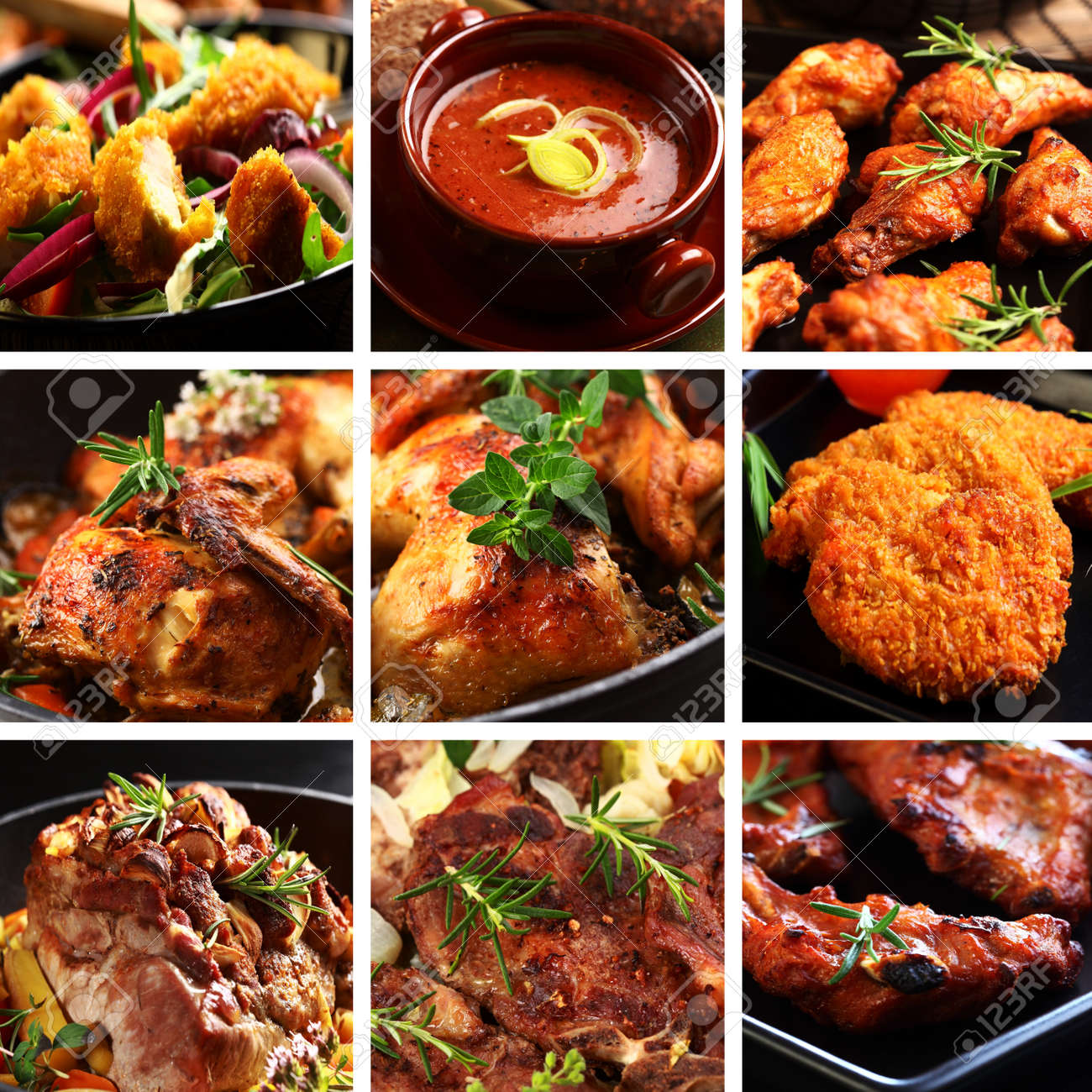 Collection of different meat dishes - soup, schnitzel, BBQ, chicken wings - 11110105 Collection of different meat dishes - soup, schnitzel, BBQ, chicken wings - 11110105