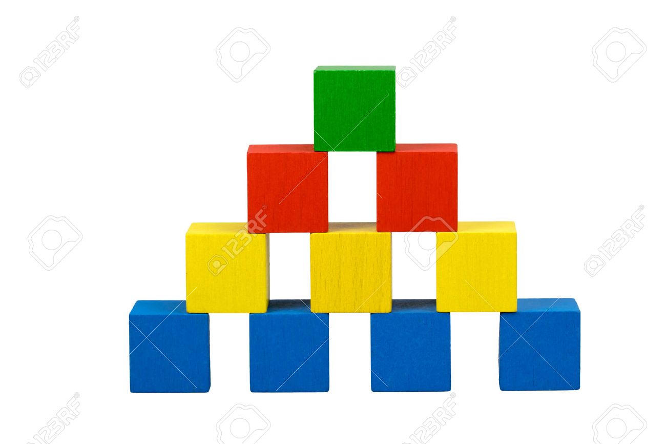 Pyramid built from wooden colorful cubes with gubs isolated on a white background. Bottom line consists of blue cubes over which there are three yellow cubes over which there are two red cubes on top is green cube. - 40015871 Pyramid built from wooden colorful cubes with gubs isolated on a white background. Bottom line consists of blue cubes over which there are three yellow cubes over which there are two red cubes on top is green cube. - 40015871