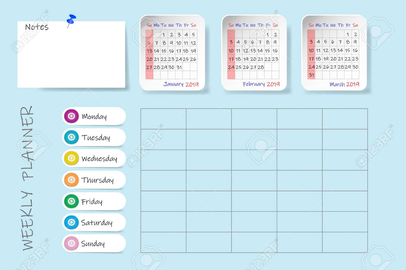 calendar for first quarter of 2019 year with weekly planner chart sunday start weekly planner