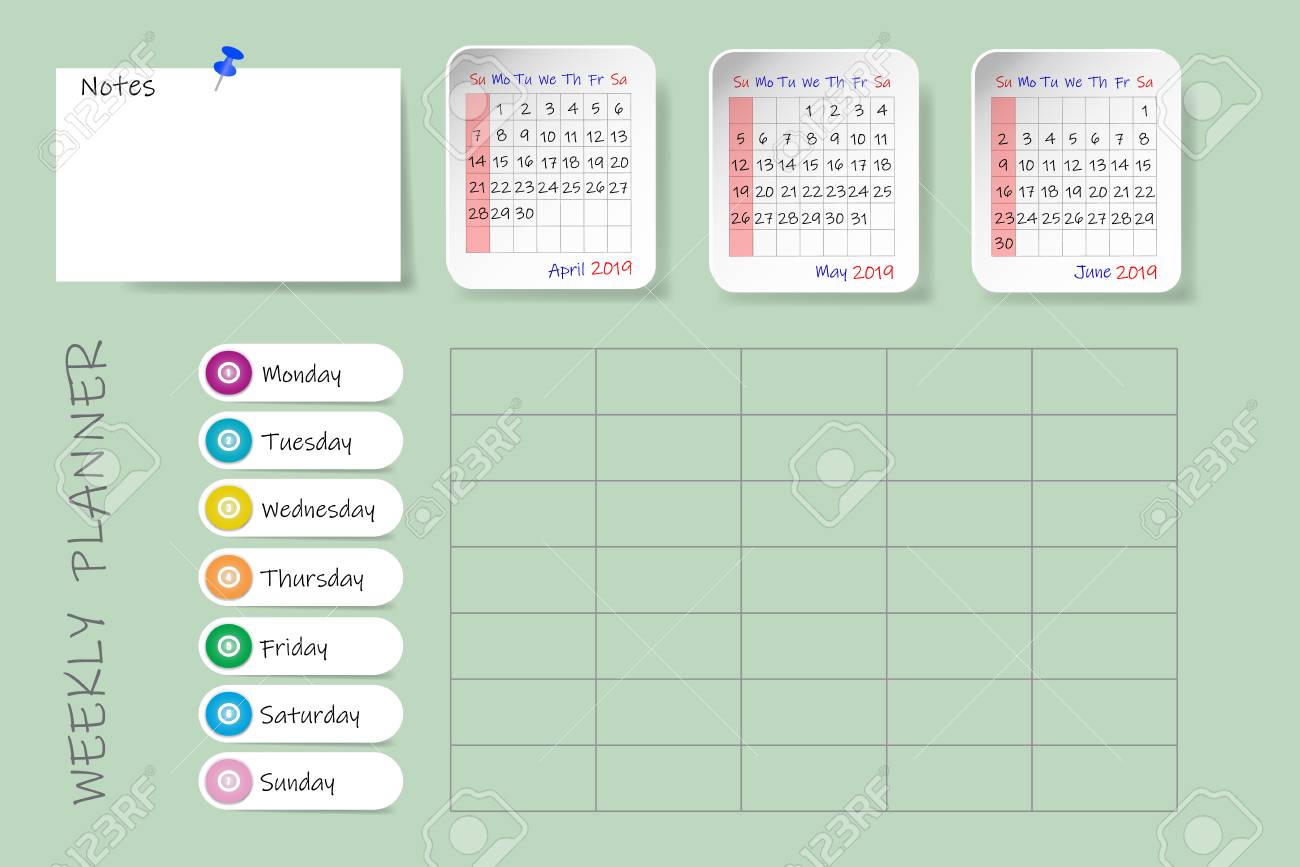 calendar for second quarter of 2019 year with weekly planner sunday start weekly planner