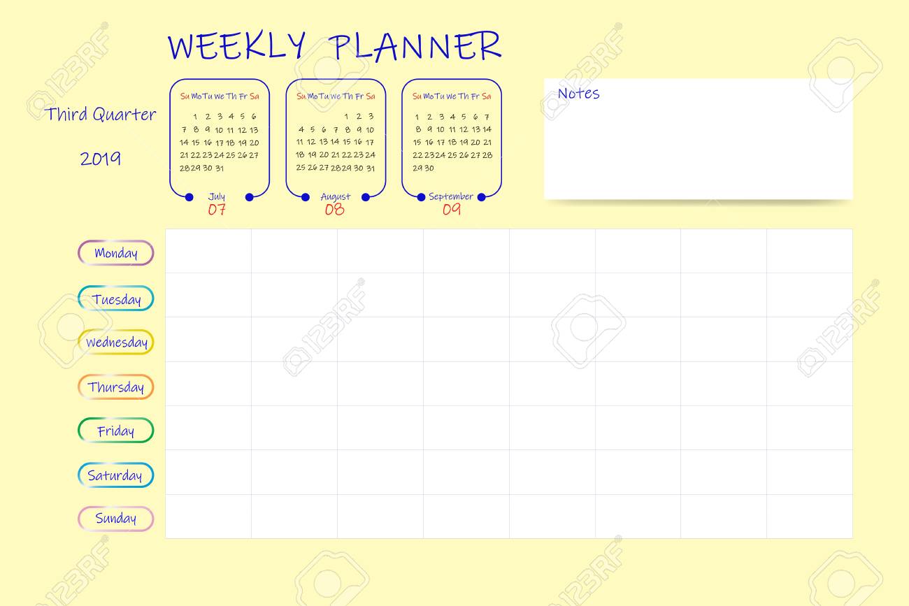 calendar for third quarter of 2019 year with weekly planner chart sunday start weekly planner