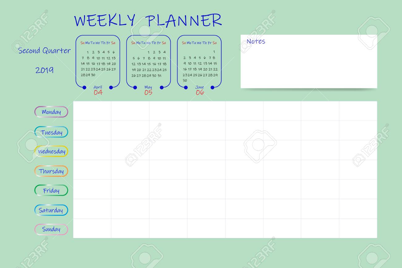 calendar for second quarter of 2019 year with weekly planner sunday start weekly planner