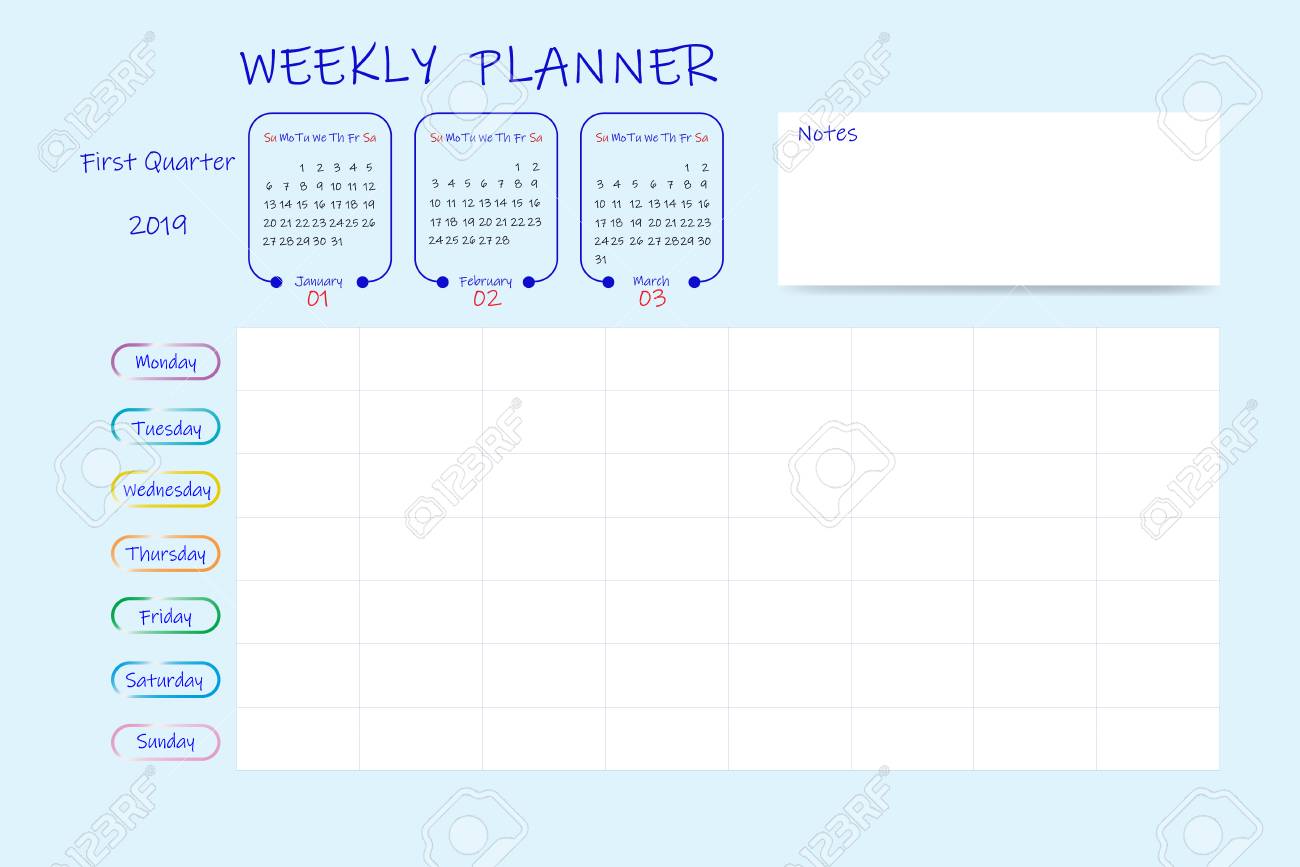 calendar for first quarter of 2019 year with weekly planner chart weekly planner chart