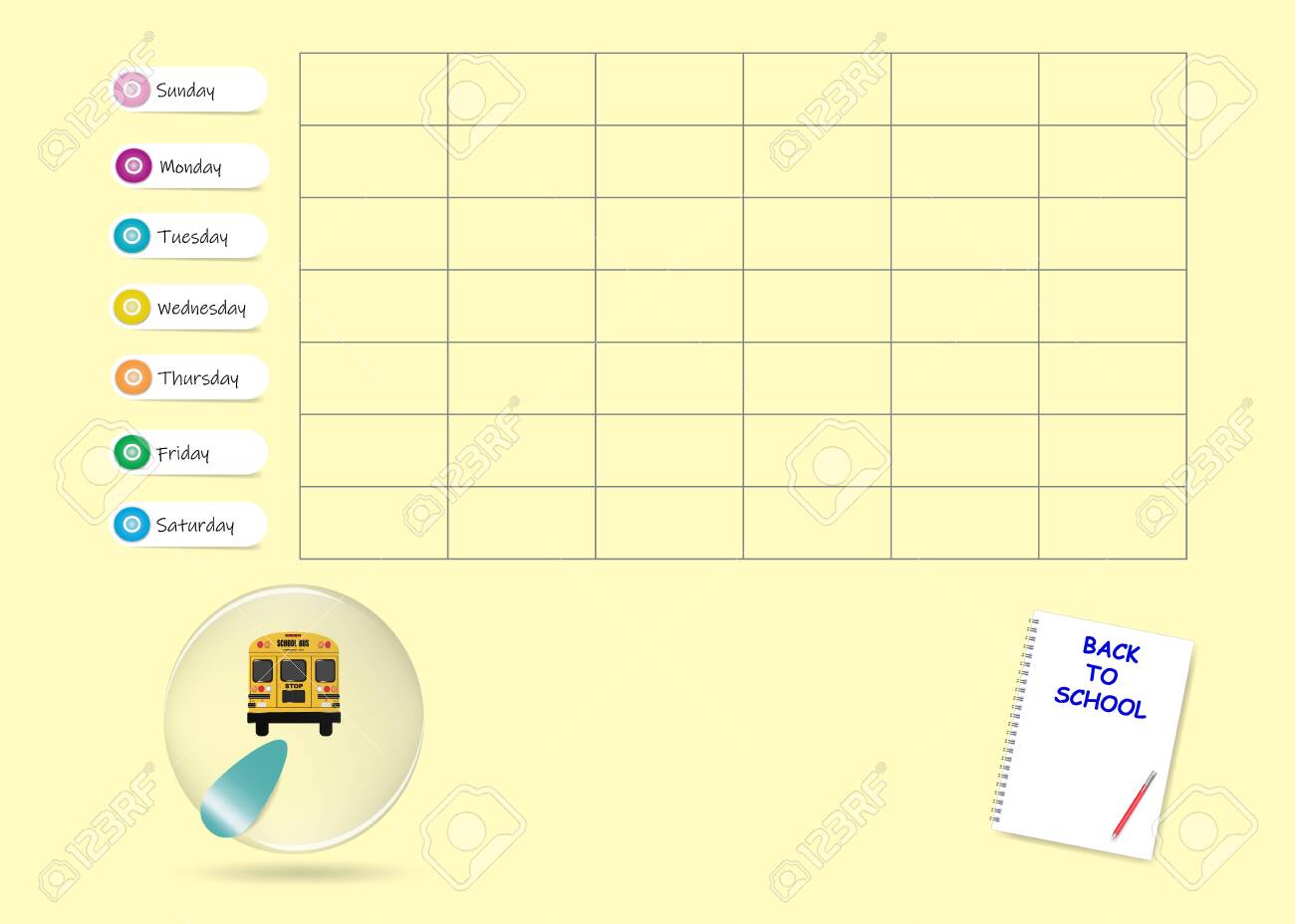 school bus weekly planner template on yellow background week sunday start weekly planner