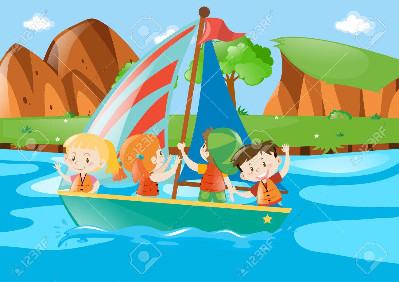 Four Kids Sailing Boat In River Illustration Royalty Free Cliparts ...