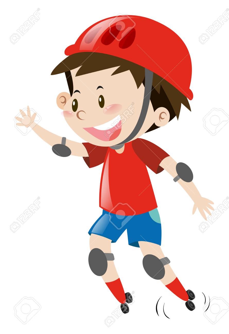 赤いヘルメット ローラー スケート イラストの小さな男の子のイラスト