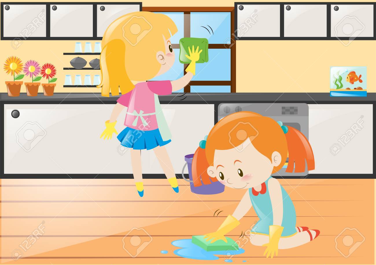 Two Girls Cleaning Kitchen And Floor Illustration Royalty Free