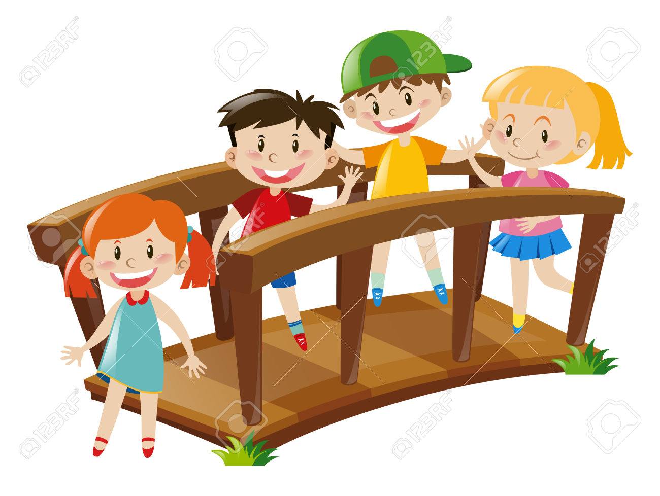 Four kids crossing wooden bridge illustration - 66895129 Four kids crossing wooden bridge illustration - 66895129