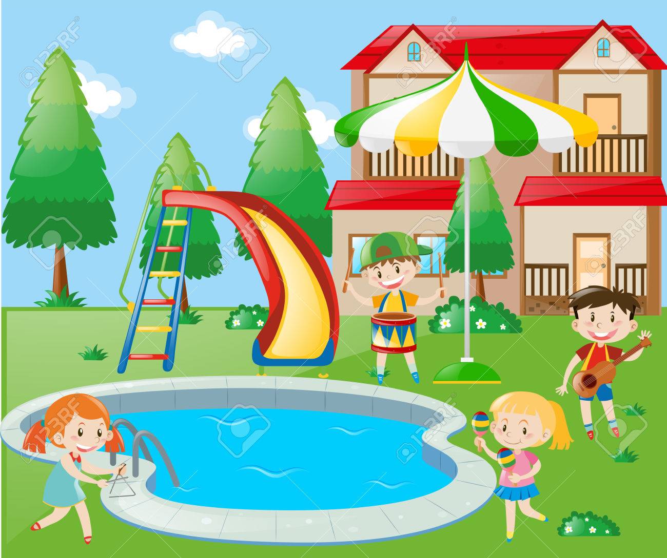 プールサイドの図によって音楽を遊んでいる子供のイラスト素材 ベクタ Image