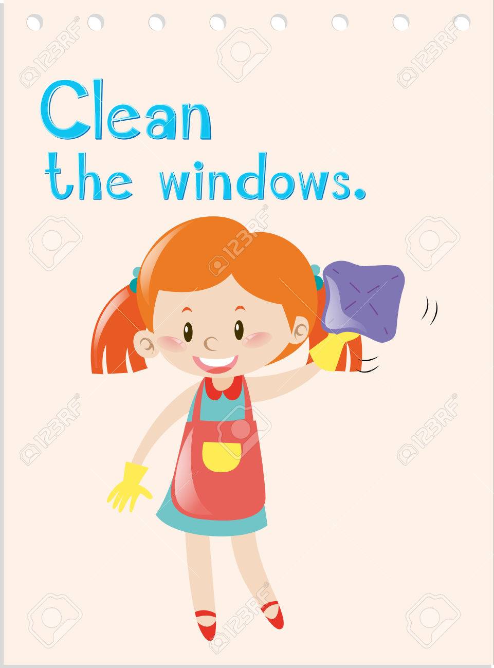 Windows の図をクリーニングの女の子アクション動詞のフラッシュ カードのイラスト素材 ベクタ Image