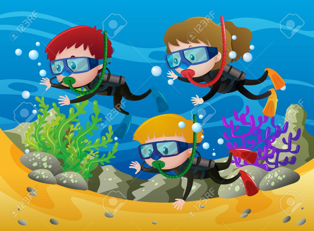 海の図の下で 3 人の子供のスキューバ ダイビングのイラスト素材 ベクタ Image