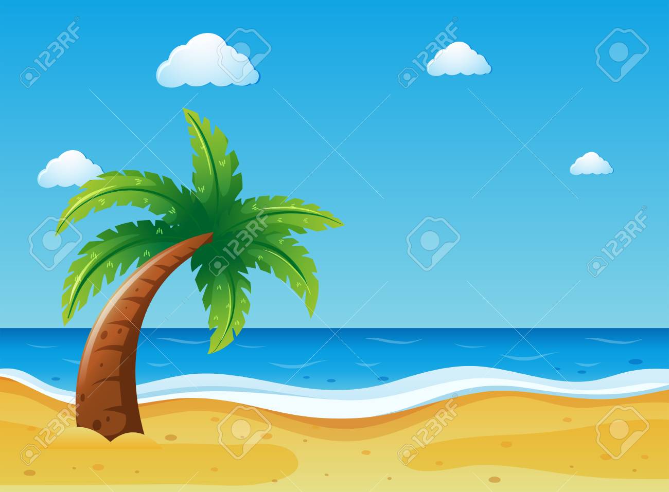 Ocean Scene With Coconut Tree On Beach Illustration Royalty Free Cliparts Vectors And Stock Illustration Image