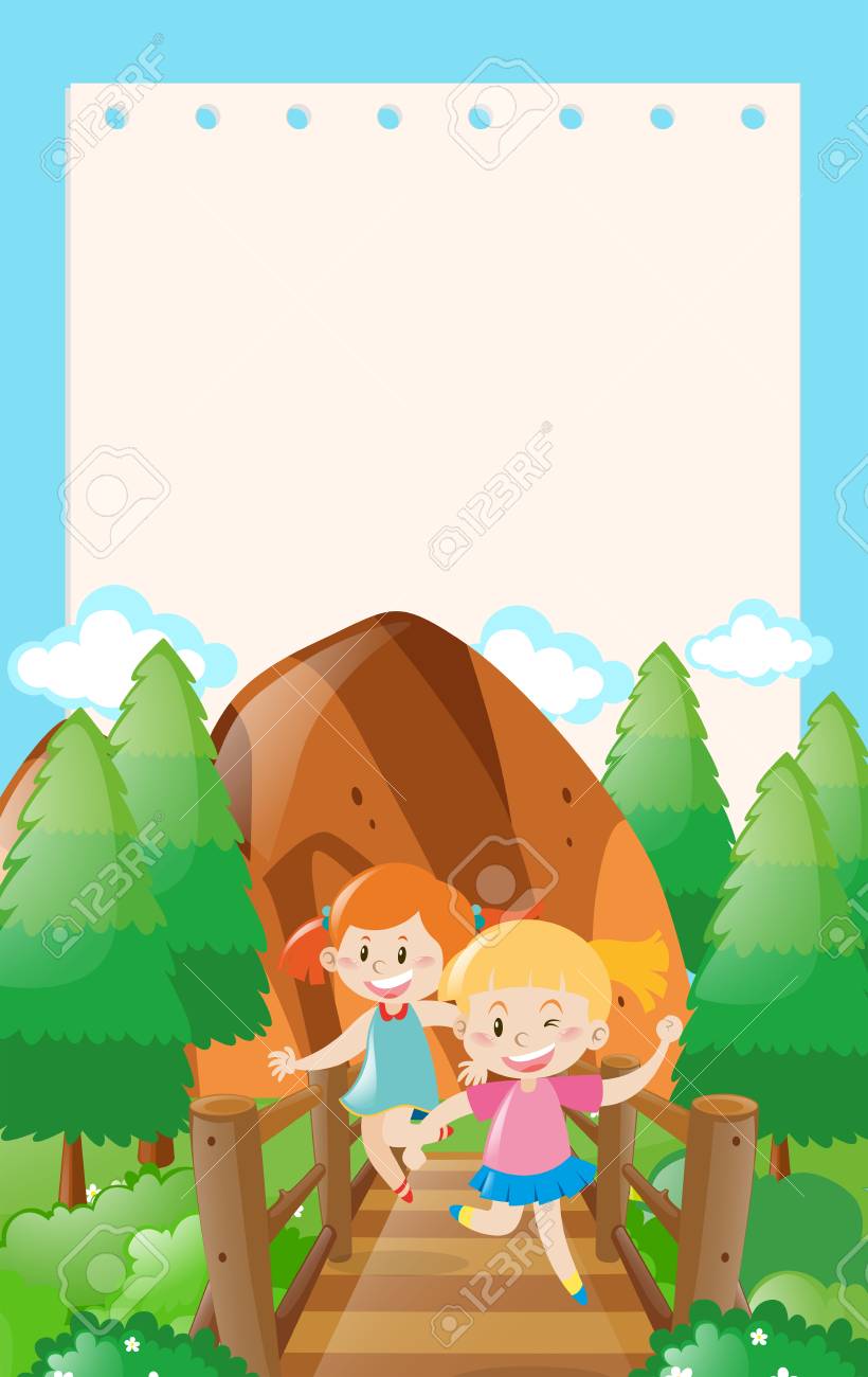 橋の図で 2 つの女の子と枠線テンプレート のイラスト素材 ベクタ Image