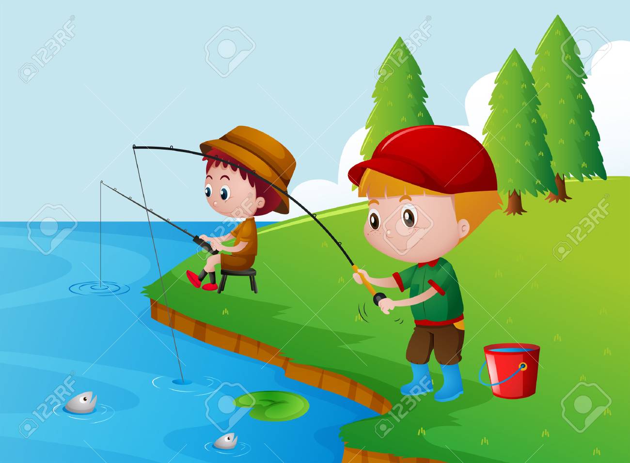 2 人の男の子が川の図で釣り のイラスト素材 ベクタ Image