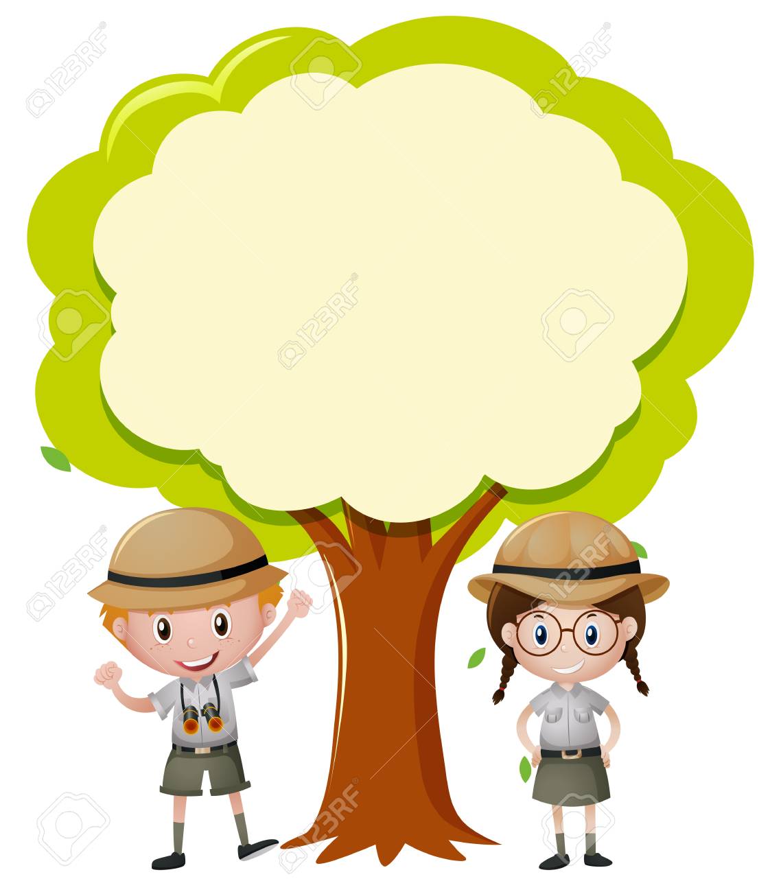 border template with boy and girl under the tree illustration template boy
