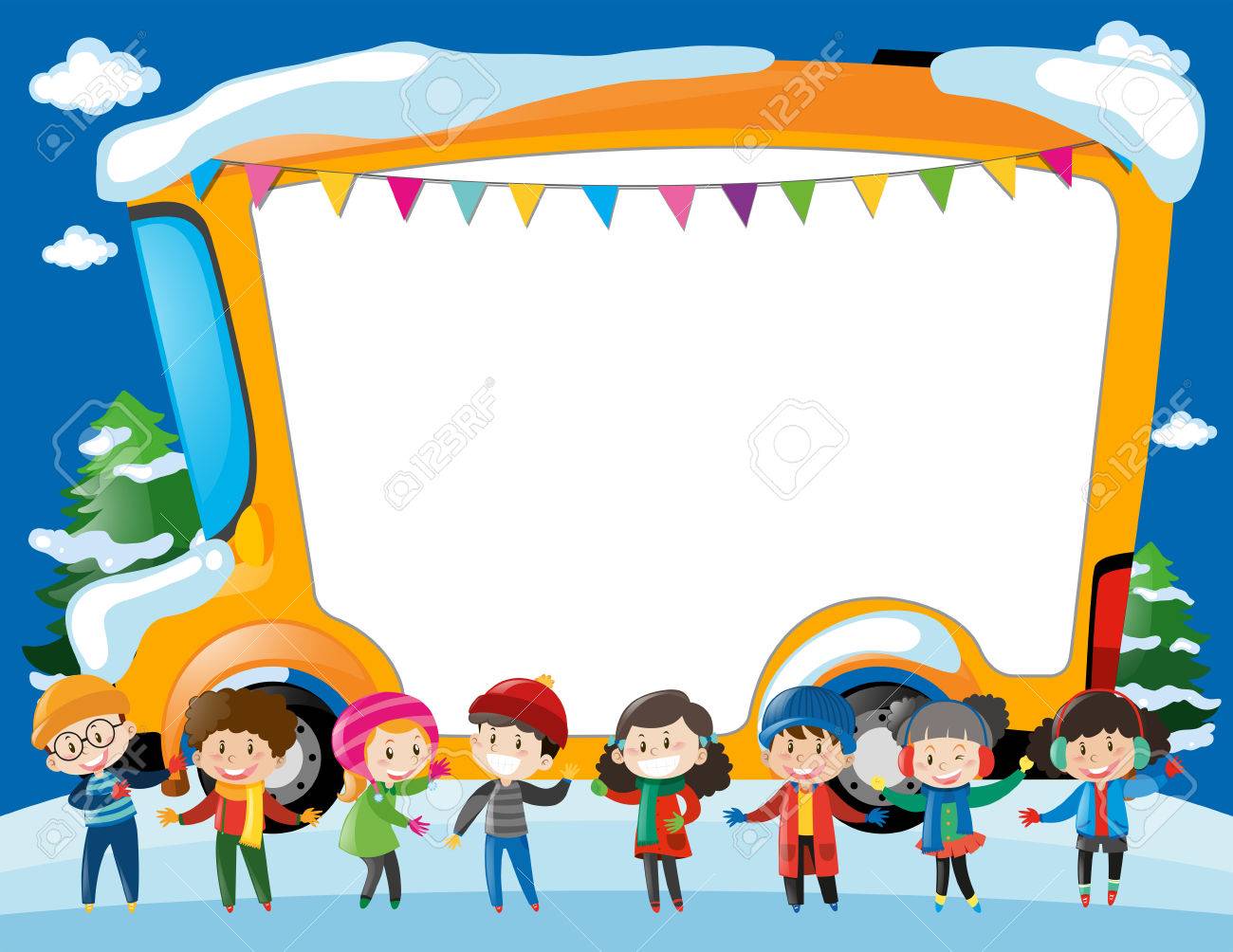 border template with kids and schoolbus illustration royalty free