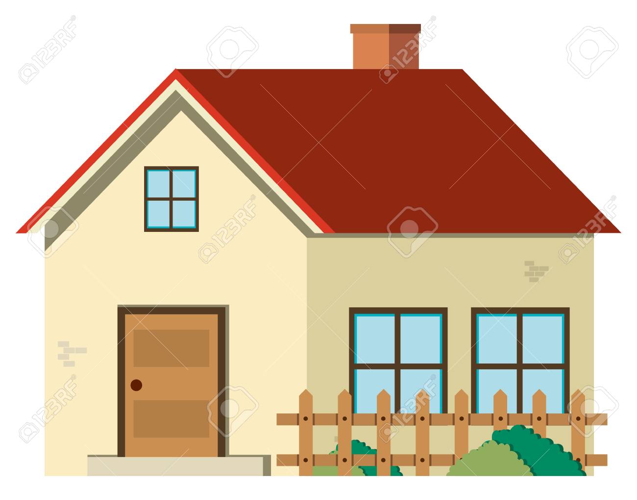 赤い屋根と木製のフェンスのイラストで 1 つの家 のイラスト素材 ベクタ Image