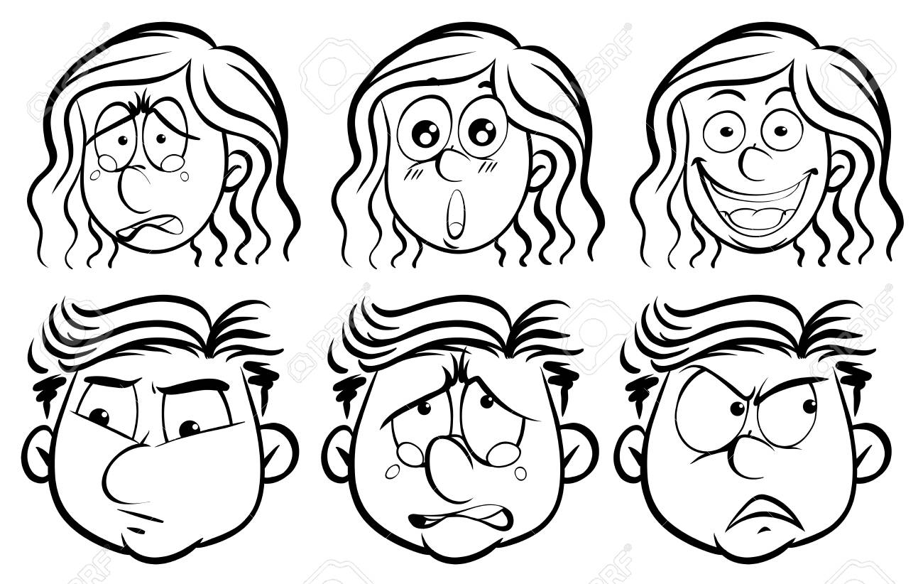 人間の顔イラストを六つの異なる感情 のイラスト素材 ベクタ Image