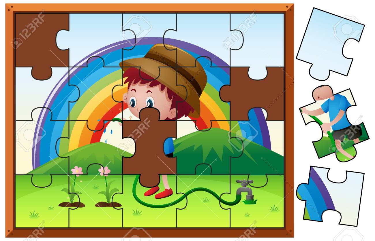 花の水やりの男の子とジグソー パズル ゲームのイラスト素材 ベクタ Image