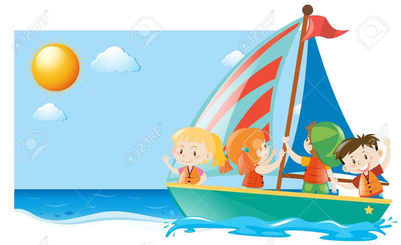 子供イラストをセーリングと夏のシーン のイラスト素材 ベクタ Image