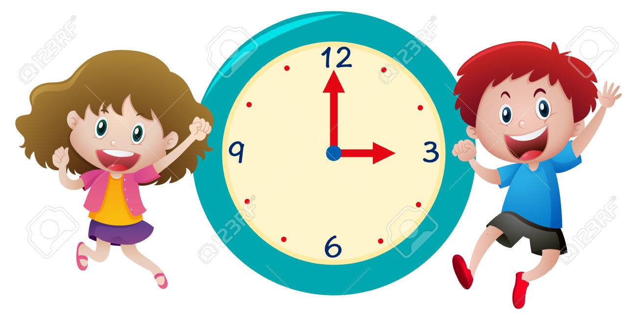 男の子と女の子の青い時計イラストのイラスト素材 ベクタ Image
