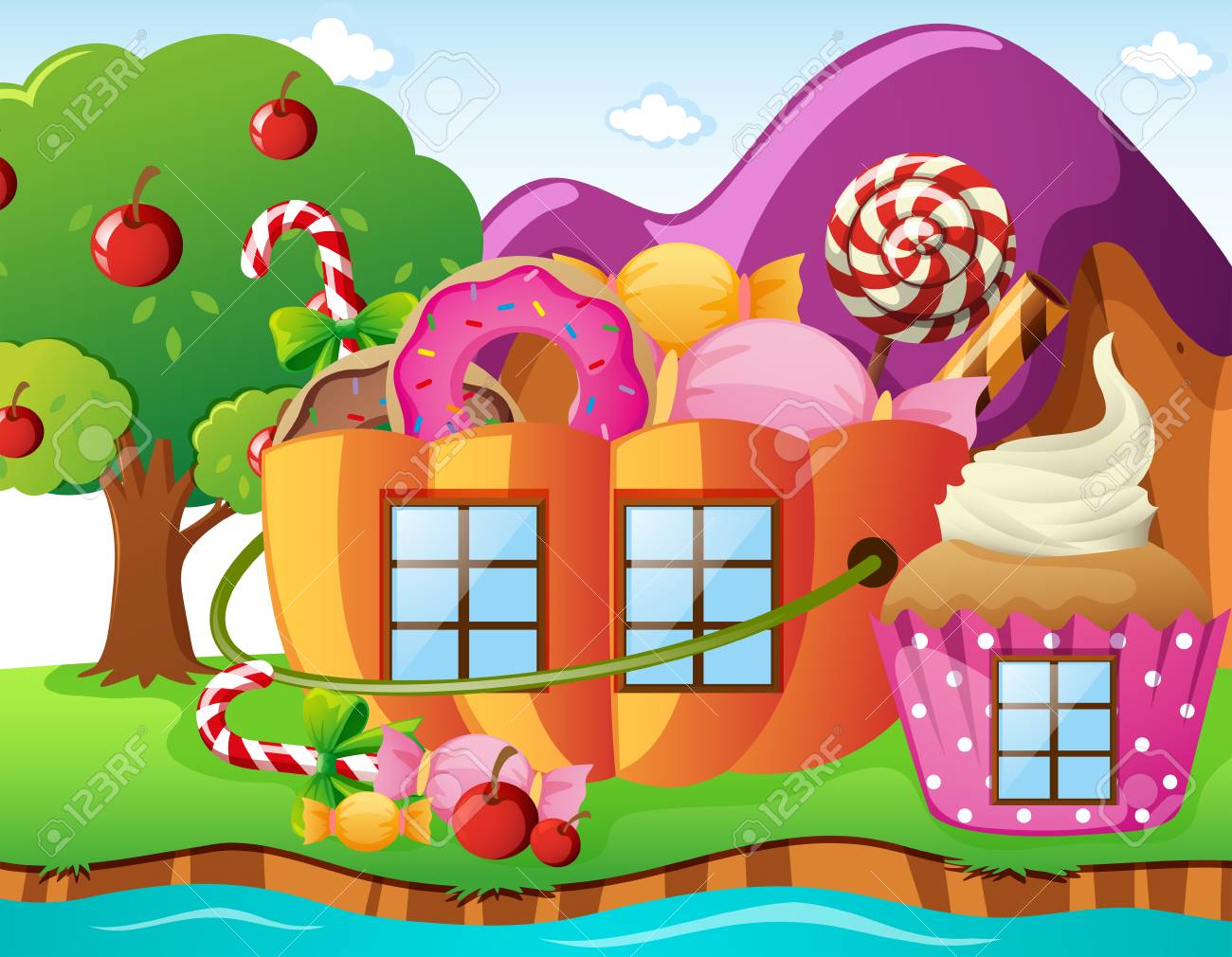 お菓子の家と川のイラストでソニックの世界 のイラスト素材 ベクタ Image お菓子の家と川のイラストでソニックの世界 のイラスト素材 ベクタ Image