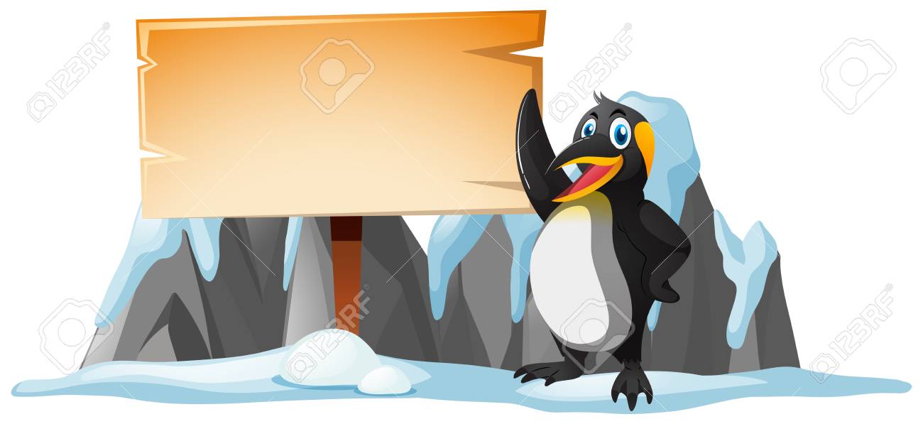 wooden sign template and penguin on ice illustration royalty free