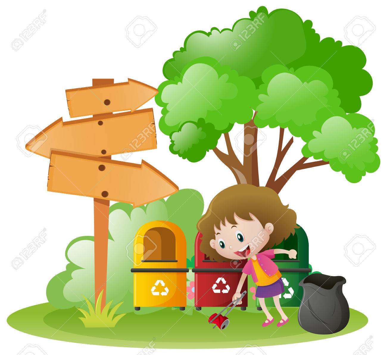 庭の図でゴミ拾いの少女 のイラスト素材 ベクタ Image