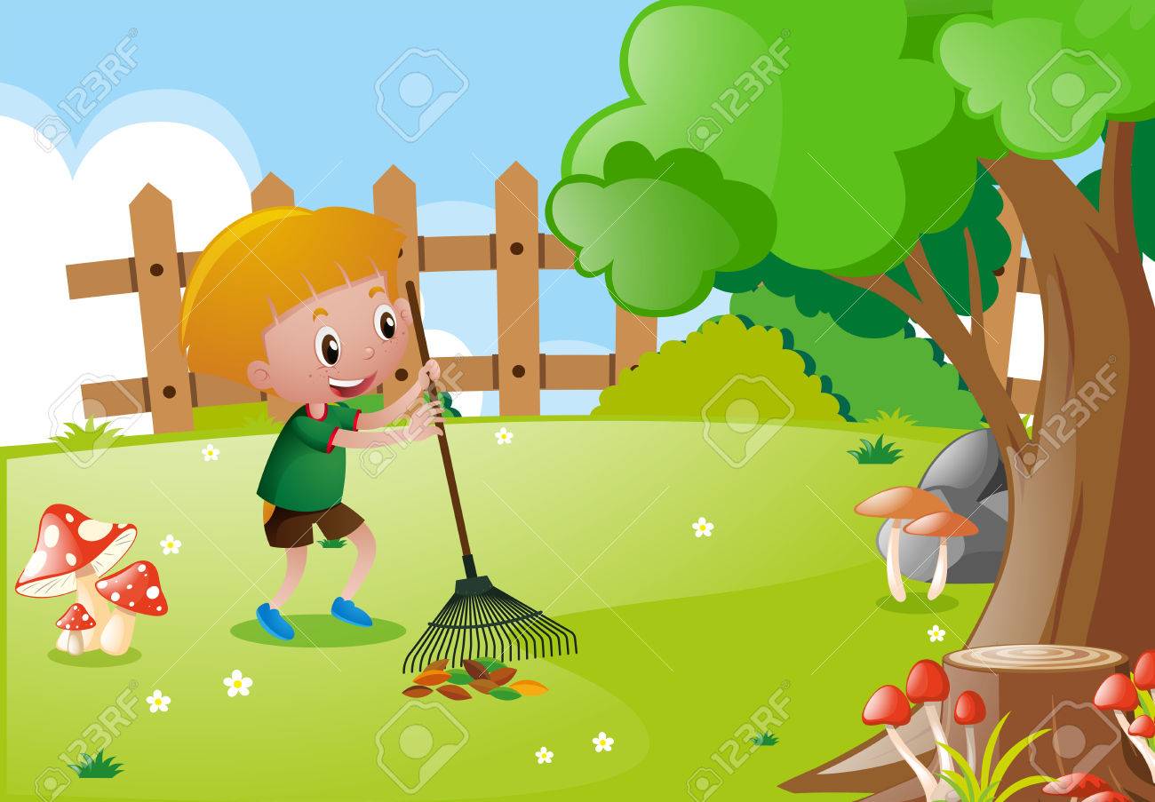 Little boy raking leaves in garden illustration