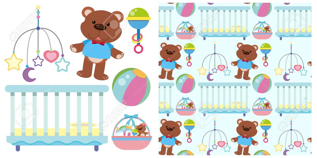 赤ちゃんのベビーベッドやおもちゃのイラストとシームレスな背景 のイラスト素材 ベクタ Image 赤ちゃんのベビーベッドやおもちゃのイラストとシームレスな背景 のイラスト素材 ベクタ Image