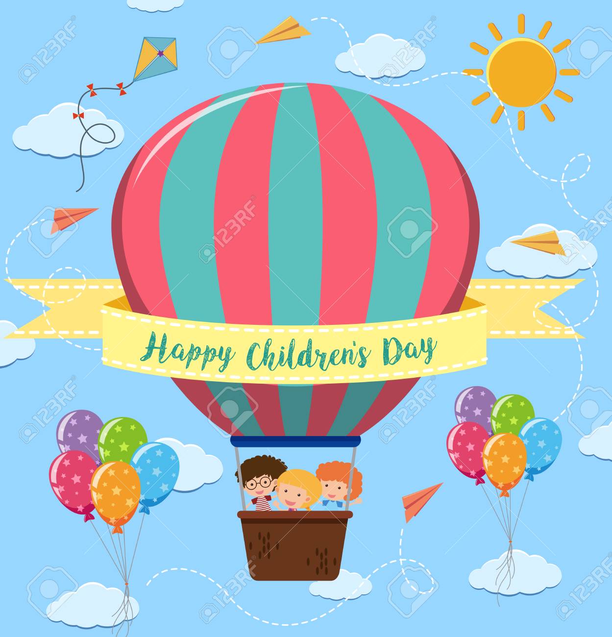 Affiche de la journée des enfants heureux avec des enfants, illustration de ballon Affiche de la journée des enfants heureux avec des enfants, illustration de ballon