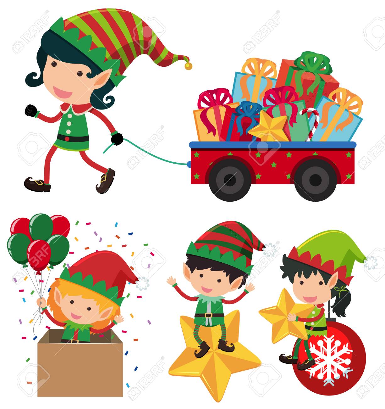 プレゼントイラストでいっぱいのクリスマスエルフとカートのイラスト素材 ベクタ Image プレゼントイラストでいっぱいのクリスマスエルフとカートのイラスト素材 ベクタ Image