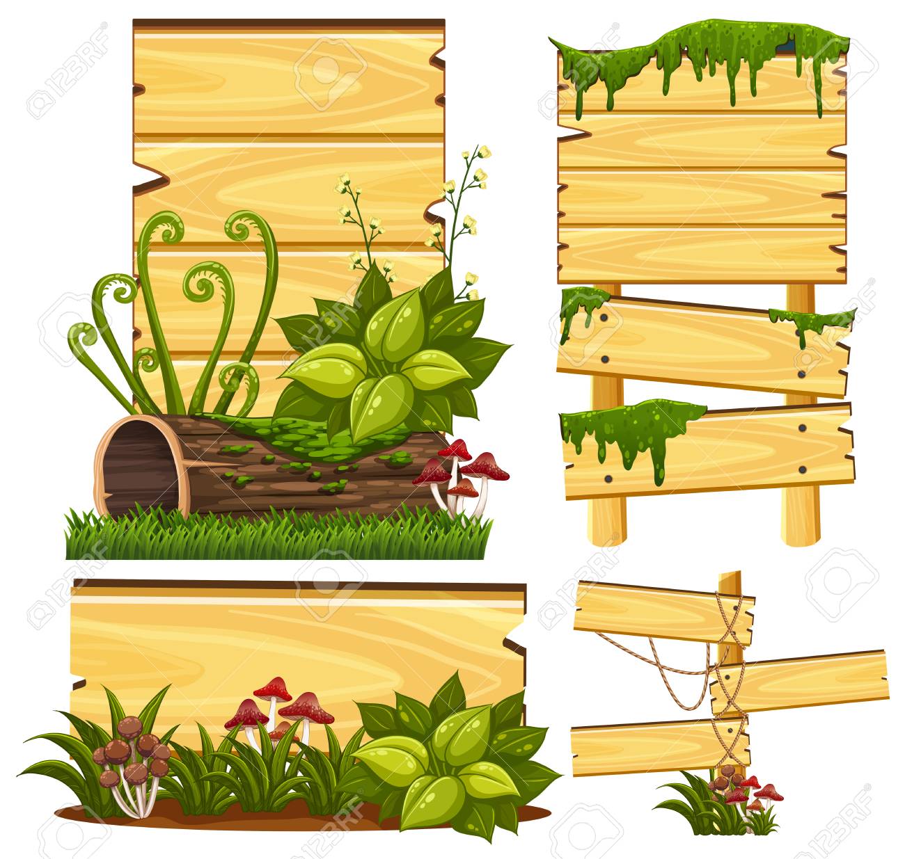 wooden sign template with moss and mushroom illustration royalty