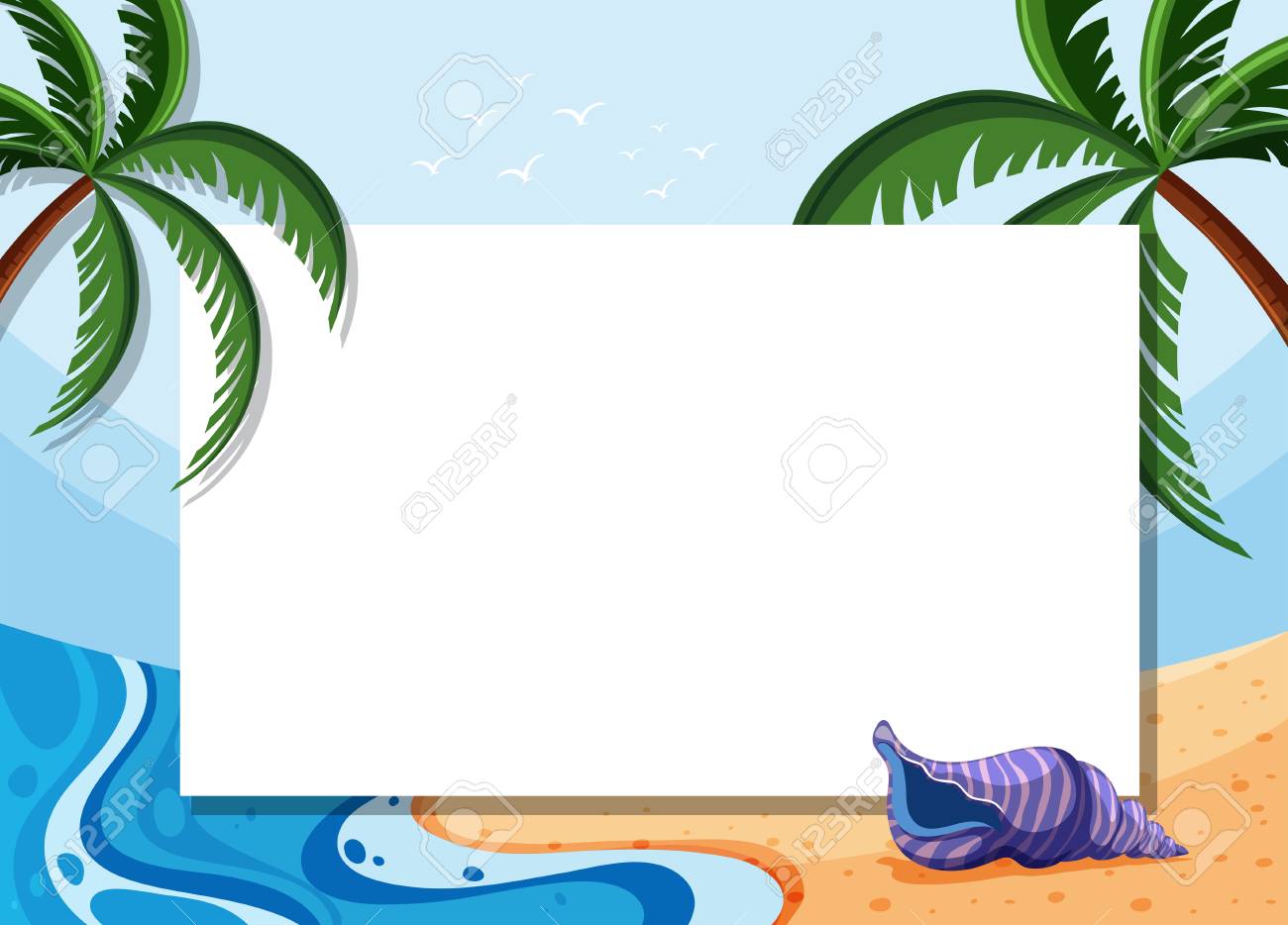 border template with coconut trees and shell on beach illustration
